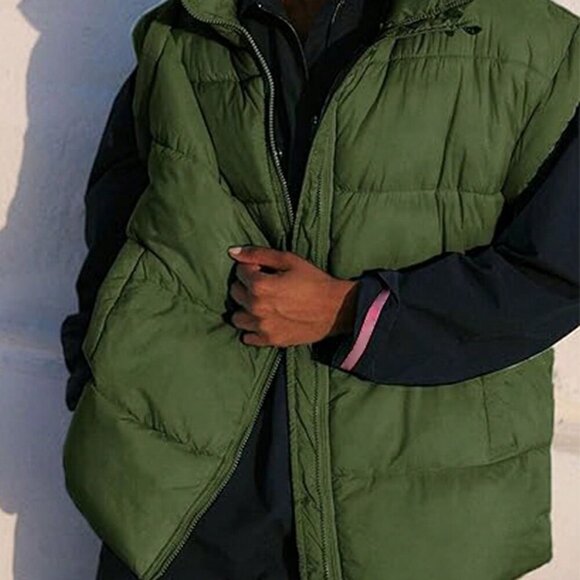 Army Green Casual Women's stand collar Sleeveless Quilted Puffer Vest Jacket - Picture 4 of 5